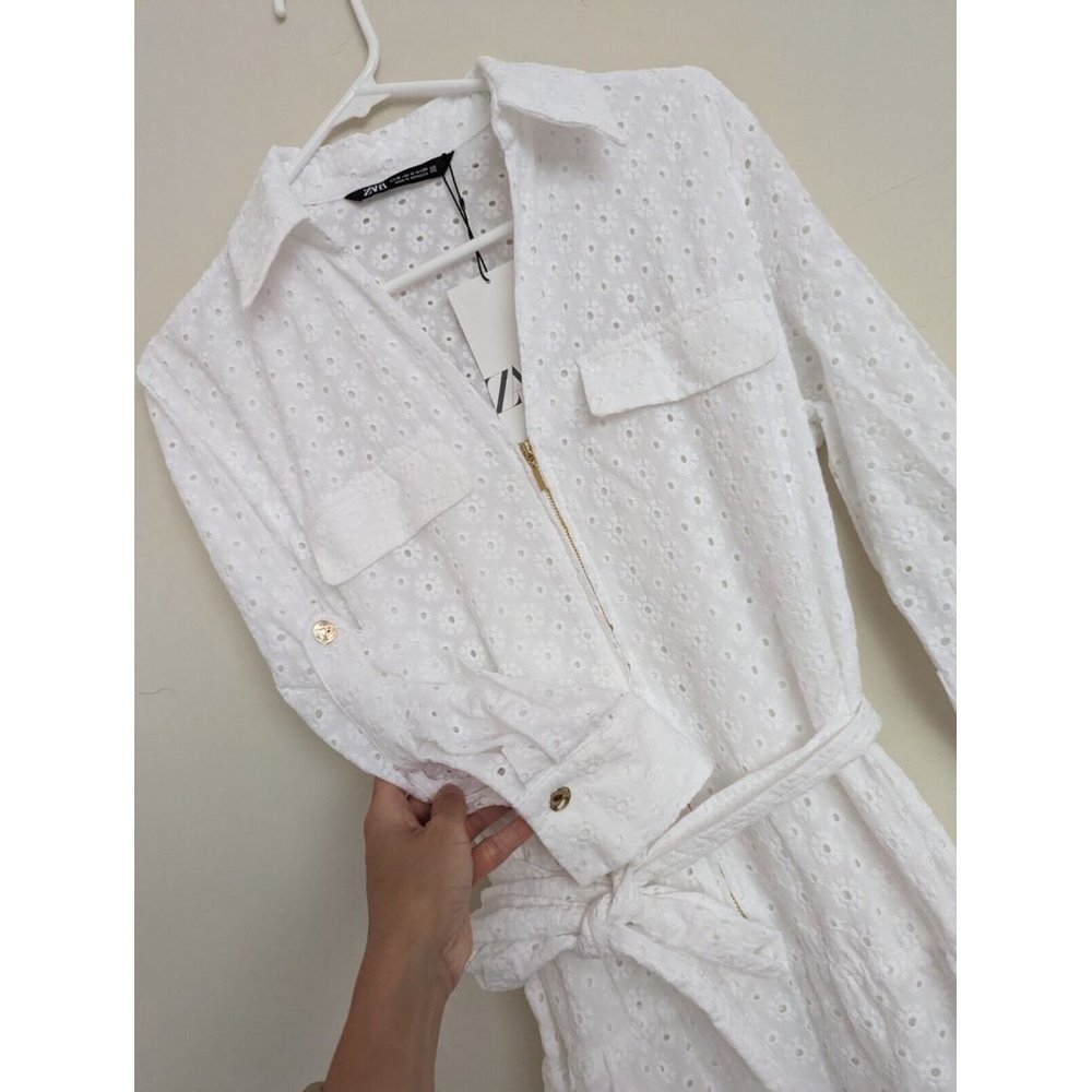 ZARA $99NWT WOMAN V-NECK OPENWORK EMBROIDERED MIDI DRESS WHITE ZIP | 3384/916 - Picture 9 of 11